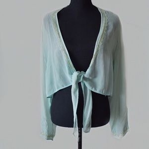 Cropped tie front blue coverup with sequin details